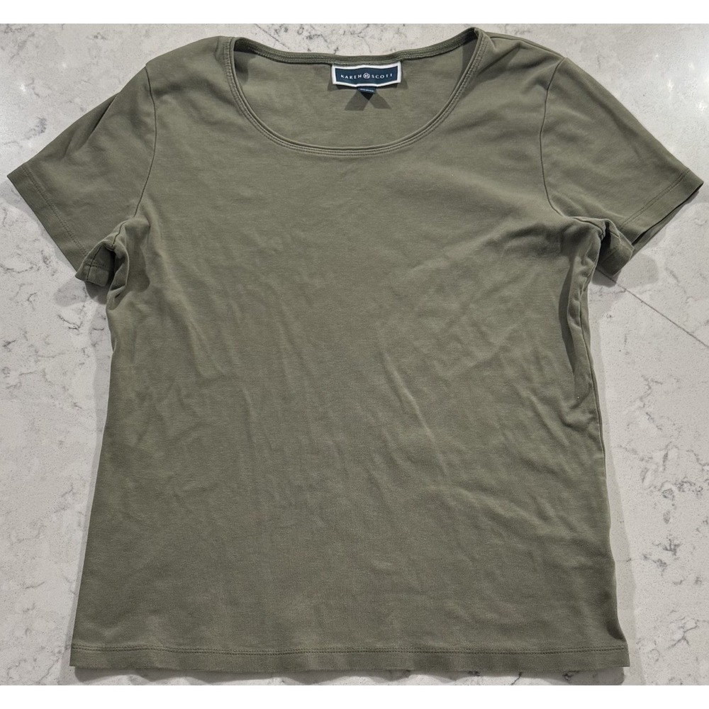 Karen Scott T-Shirt Womens Medium Olive Green Crewneck Short Sleeve Casual Top
